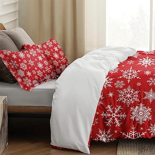 Duvet Cover Queen Size, Christmas Snowflakes Red Merry Bedding Set with Zipper Closure for Kids and Adults, Winter Xmas Crystal Comforter Cover with 2 Pillow Shams for Bedroom Bed Decor