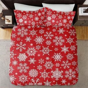 Duvet Cover Queen Size, Christmas Snowflakes Red Merry Bedding Set with Zipper Closure for Kids and Adults, Winter Xmas Crystal Comforter Cover with 2 Pillow Shams for Bedroom Bed Decor