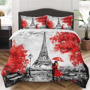 duvet cover queen size, painting paris city eiffel bedding set with zipper closure for kids and adults, tower red love comforter cover with 2 pillow shams for bedroom bed decor