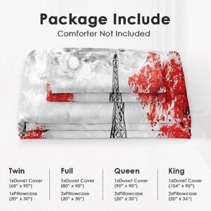 Duvet Cover Queen Size, Painting Paris City Eiffel Bedding Set with Zipper Closure for Kids and Adults, Tower Red Love Comforter Cover with 2 Pillow Shams for Bedroom Bed Decor