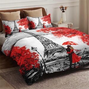 Duvet Cover Queen Size, Painting Paris City Eiffel Bedding Set with Zipper Closure for Kids and Adults, Tower Red Love Comforter Cover with 2 Pillow Shams for Bedroom Bed Decor