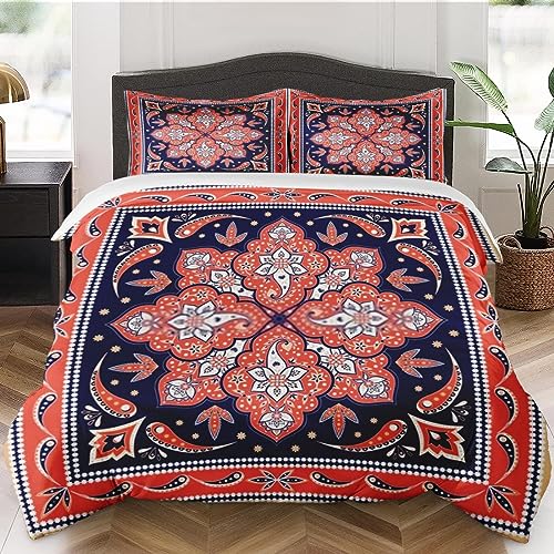 Duvet Cover Queen Size, Paisley Mandala Floral Vintage Bedding Set with Zipper Closure for Kids and Adults, Woman Red Bohemian Comforter Cover with 2 Pillow Shams for Bedroom Bed Decor