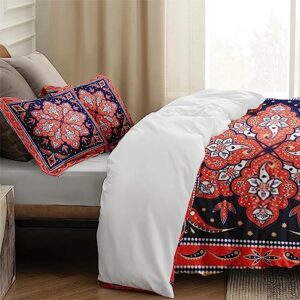 Duvet Cover Queen Size, Paisley Mandala Floral Vintage Bedding Set with Zipper Closure for Kids and Adults, Woman Red Bohemian Comforter Cover with 2 Pillow Shams for Bedroom Bed Decor