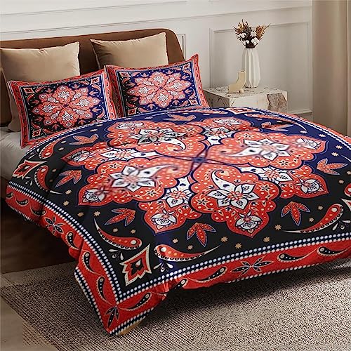 Duvet Cover Queen Size, Paisley Mandala Floral Vintage Bedding Set with Zipper Closure for Kids and Adults, Woman Red Bohemian Comforter Cover with 2 Pillow Shams for Bedroom Bed Decor