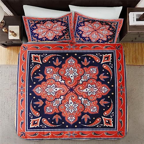 Duvet Cover Queen Size, Paisley Mandala Floral Vintage Bedding Set with Zipper Closure for Kids and Adults, Woman Red Bohemian Comforter Cover with 2 Pillow Shams for Bedroom Bed Decor