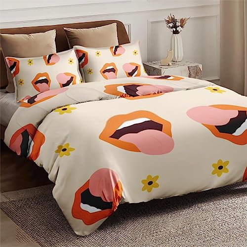 Duvet Cover Queen Size, Retro 70S Red Woman Bedding Set with Zipper Closure for Kids and Adults, Love Sexy Pink Comforter Cover with 2 Pillow Shams for Bedroom Bed Decor