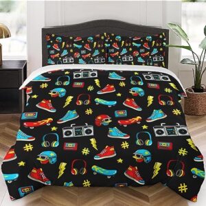 duvet cover queen size, 80s cool cute retro bedding set with zipper closure for kids and adults, red neon colorful comforter cover with 2 pillow shams for bedroom bed decor