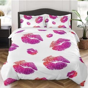 duvet cover queen size, red pink sexy makeup bedding set with zipper closure for kids and adults, woman valentine purple comforter cover with 2 pillow shams for bedroom bed decor