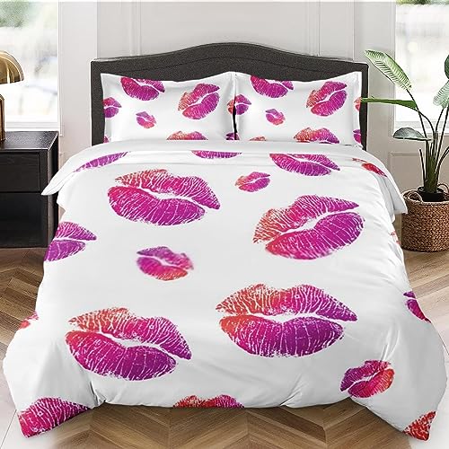 Duvet Cover Queen Size, Red Pink Sexy Makeup Bedding Set with Zipper Closure for Kids and Adults, Woman Valentine Purple Comforter Cover with 2 Pillow Shams for Bedroom Bed Decor