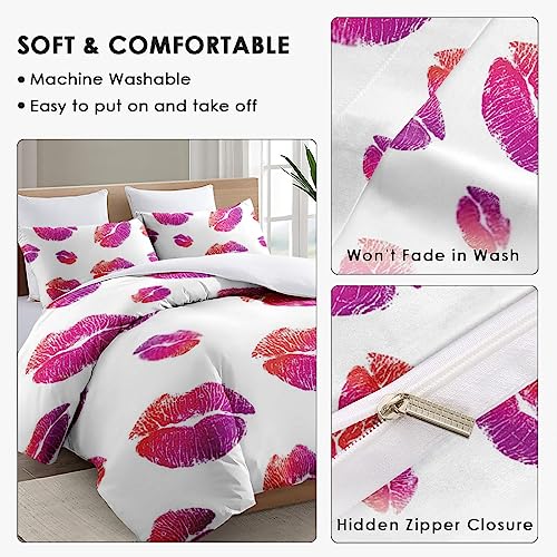 Duvet Cover Queen Size, Red Pink Sexy Makeup Bedding Set with Zipper Closure for Kids and Adults, Woman Valentine Purple Comforter Cover with 2 Pillow Shams for Bedroom Bed Decor