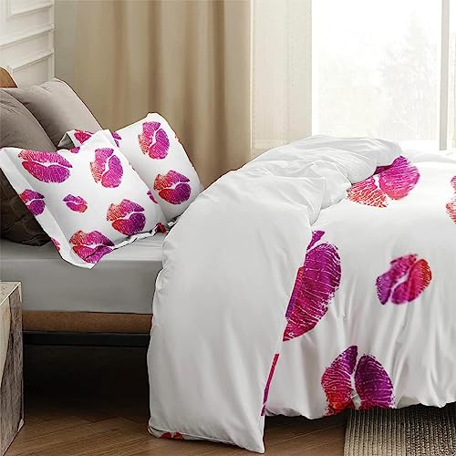 Duvet Cover Queen Size, Red Pink Sexy Makeup Bedding Set with Zipper Closure for Kids and Adults, Woman Valentine Purple Comforter Cover with 2 Pillow Shams for Bedroom Bed Decor