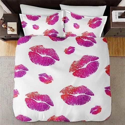 Duvet Cover Queen Size, Red Pink Sexy Makeup Bedding Set with Zipper Closure for Kids and Adults, Woman Valentine Purple Comforter Cover with 2 Pillow Shams for Bedroom Bed Decor