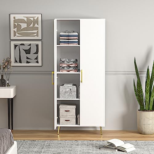 NOVAMAISON White Storage Cabinet 69” Tall - Storage Cabinet w/ 2 Doors and Adjustable Shelves, Freestanding Kitchen Pantry w/Gold Handles and Legs, Wooden Wardrobe Cabinet for Bedroom, Laundry