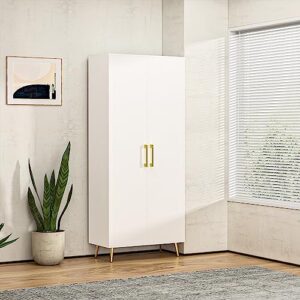 NOVAMAISON White Storage Cabinet 69” Tall - Storage Cabinet w/ 2 Doors and Adjustable Shelves, Freestanding Kitchen Pantry w/Gold Handles and Legs, Wooden Wardrobe Cabinet for Bedroom, Laundry