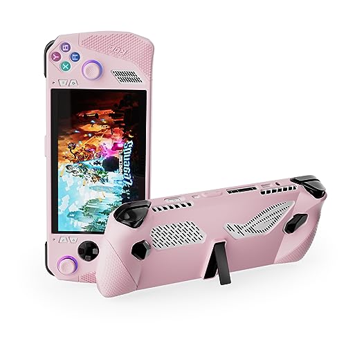 Silicone Skin Case for 2023 ASUS ROG Ally Handheld, ROG Ally Accessories Protective Cover Grip with Stand (Pink)