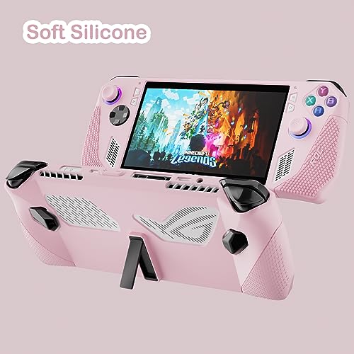 Silicone Skin Case for 2023 ASUS ROG Ally Handheld, ROG Ally Accessories Protective Cover Grip with Stand (Pink)