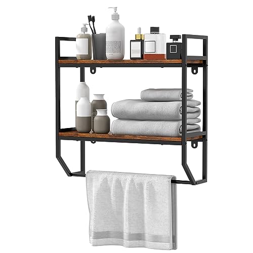 LOKO 2-Tier Bathroom Towel Rack with Shelf, Industrial Over The Toilet Shelf w/Towel Bar, Wall Mounted Hanging Shelf w/Towel Holder, Rustic Storage Organizer Shelves for Living Room, Kitchen