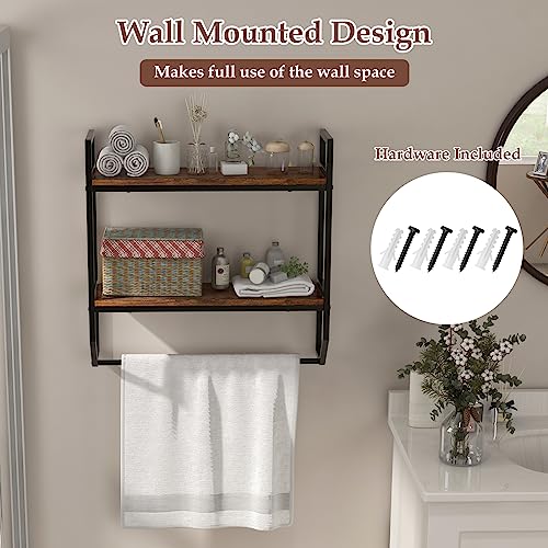 LOKO 2-Tier Bathroom Towel Rack with Shelf, Industrial Over The Toilet Shelf w/Towel Bar, Wall Mounted Hanging Shelf w/Towel Holder, Rustic Storage Organizer Shelves for Living Room, Kitchen