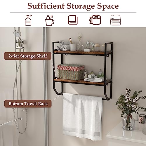 LOKO 2-Tier Bathroom Towel Rack with Shelf, Industrial Over The Toilet Shelf w/Towel Bar, Wall Mounted Hanging Shelf w/Towel Holder, Rustic Storage Organizer Shelves for Living Room, Kitchen