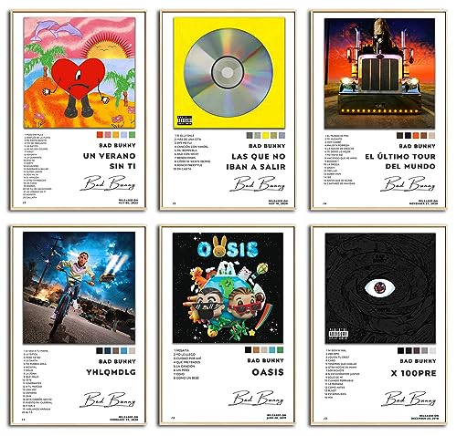 HGKNCF Bad Bunny Album Cover Posters for Room Aesthetic Set of 6 Music Posters Wall Art, Rapper Posters Wall Decor,Bad Bunny Signed Limited Artwork Picture for Teens Girls College Girls Dorm Decor