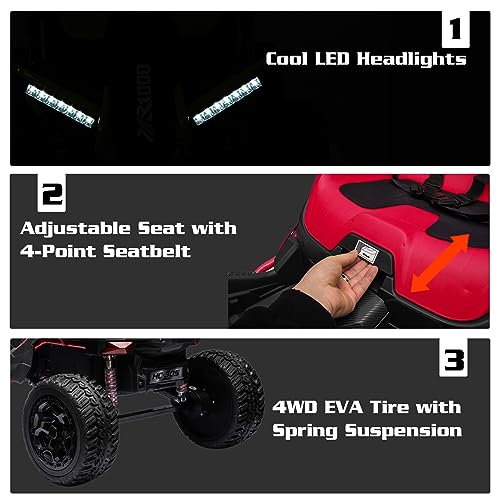 AOKOY 24V 4x75W Kids Ride On Car, 4WD Battery Powered Electric Go Kart for Big Kids w/Powerful Motors Off-Road Ride On UTV with Parent Remote EVA Tires Adjustable Seat Bluetooth, Red