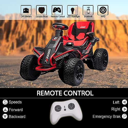 AOKOY 24V 4x75W Kids Ride On Car, 4WD Battery Powered Electric Go Kart for Big Kids w/Powerful Motors Off-Road Ride On UTV with Parent Remote EVA Tires Adjustable Seat Bluetooth, Red