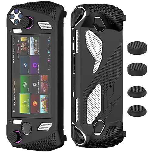 SUIHUOJI for Rog Ally Stand Protective Case, Silicone Accessories Protector, Soft Cover Skin Shell with 2 Pairs Thumb Grips Caps, Full Protection Kickstand for ASUS Rog Ally Handheld (Black)