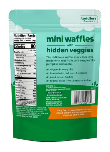 Beech-Nut Toddler Snacks, Mini Waffles with Hidden Veggies, Pumpkin Apple Cinnamon, Non-GMO, 3.2 oz Bag (7 Pack)