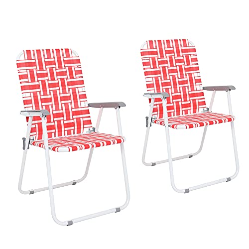 Set of 2 Patio Lawn Webbed Folding Chairs, Outdoor Beach Chair Portable Camping Chair, Webbed Folding Chair for Yard, Garden,Red