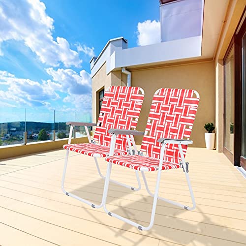 Set of 2 Patio Lawn Webbed Folding Chairs, Outdoor Beach Chair Portable Camping Chair, Webbed Folding Chair for Yard, Garden,Red