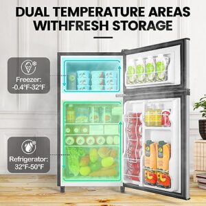 WANAI Mini Fridge With Freezer 3.5 Cu.Ft Dual Door Small Refrigerator Energy-efficient, Low Noise, Mini Fridge For Bedroom Dorm and Office, Silver