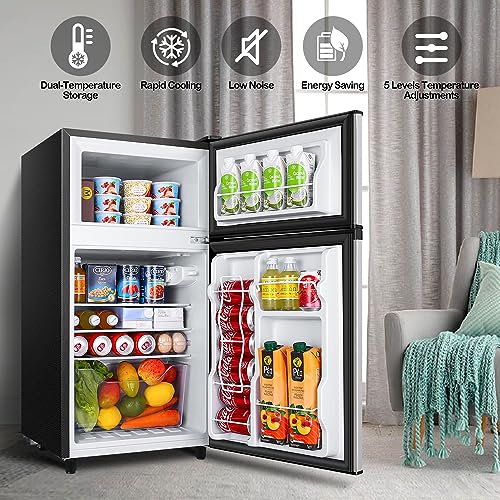 WANAI Mini Fridge With Freezer 3.5 Cu.Ft Dual Door Small Refrigerator Energy-efficient, Low Noise, Mini Fridge For Bedroom Dorm and Office, Silver