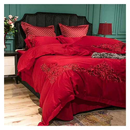 BONOOL 4-Piece Bed Sheet Set Duvet Cover Set Egyptian Cotton Lace Wedding Set 4 Pieces Red King Queen Size Bedclothes Cover Set Pillowcases Luxury Set (Size : Queen) (King)