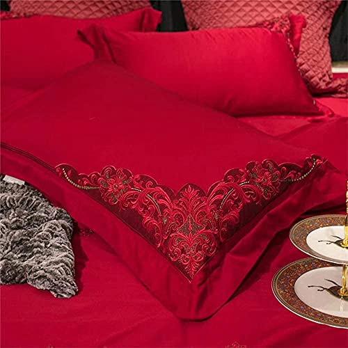 BONOOL 4-Piece Bed Sheet Set Duvet Cover Set Egyptian Cotton Lace Wedding Set 4 Pieces Red King Queen Size Bedclothes Cover Set Pillowcases Luxury Set (Size : Queen) (King)