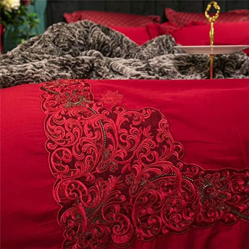 BONOOL 4-Piece Bed Sheet Set Duvet Cover Set Egyptian Cotton Lace Wedding Set 4 Pieces Red King Queen Size Bedclothes Cover Set Pillowcases Luxury Set (Size : Queen) (King)