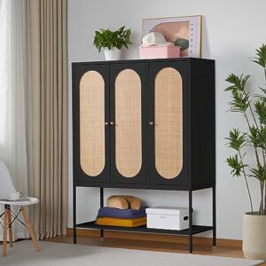 large armoire wardrobe closet with 3 doors, rattan wardrobe cabinet with shelves and hanging rail for clothes, freestanding wooden black closet for bedroom, black (47.24" w x 18.89" d x 62.99" h)