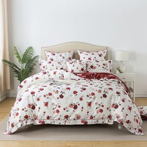 fadfay reversible duvet cover set shabby white and red rose floral bedding vintage farmhouse bedding 800 thread count 100% egyptian cotton comforter cover with hidden zipper closure 3pc, twin xl size