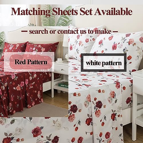 FADFAY Reversible Duvet Cover Set Shabby White and Red Rose Floral Bedding Vintage Farmhouse Bedding 800 Thread Count 100% Egyptian Cotton Comforter Cover with Hidden Zipper Closure 3Pc, Twin XL Size