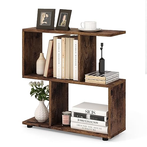 Giantex 3-Tier Geometric Bookshelf, 24" Tall Wood S-Shaped Display Shelves with Thick Foot Pads, Freestanding Open Shelves Nightstand, Floor Standing Display Shelf Bookcase, Brown