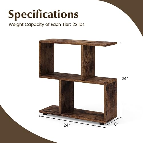 Giantex 3-Tier Geometric Bookshelf, 24" Tall Wood S-Shaped Display Shelves with Thick Foot Pads, Freestanding Open Shelves Nightstand, Floor Standing Display Shelf Bookcase, Brown