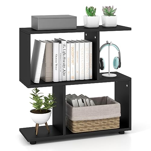 Tangkula 2 Tier Geometric Bookshelf, Freestanding Wood Display Shelf, Home Office Décor Room Divider S Shaped Open Bookcase, Small Bookshelf for Small Spaces, Living Room, Bedroom, Study (Black, 1)