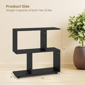 Tangkula 2 Tier Geometric Bookshelf, Freestanding Wood Display Shelf, Home Office Décor Room Divider S Shaped Open Bookcase, Small Bookshelf for Small Spaces, Living Room, Bedroom, Study (Black, 1)