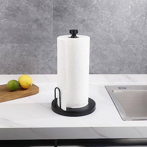 Paper Towel Holder Countertop, Stainless Steel Paper Towel Stand with Ratchet Mechanism for Kitchen Bathroom, One-Handed Operation Perfect Tear Paper Towel Roll Holder with Weighted Base (Black)