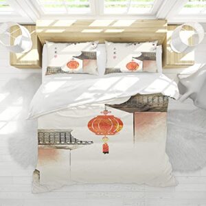 hobboy chinese style beige bedding sets lucky red lantern pattern duvet cover with zipper closure 4 corner ties 2 pillow shams no sheets full