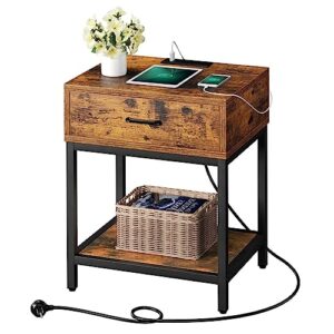 gaomon vintage brown nightstand with charging station end side table with storage drawer and shelf, modern night stand bedside table for bedroom living room, nursery, dorm