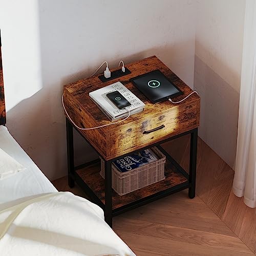 GAOMON Vintage Brown Nightstand with Charging Station End Side Table with Storage Drawer and Shelf, Modern Night Stand Bedside Table for Bedroom Living Room, Nursery, Dorm