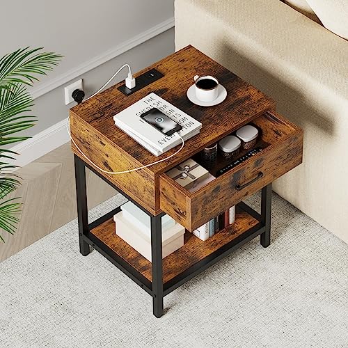 GAOMON Vintage Brown Nightstand with Charging Station End Side Table with Storage Drawer and Shelf, Modern Night Stand Bedside Table for Bedroom Living Room, Nursery, Dorm