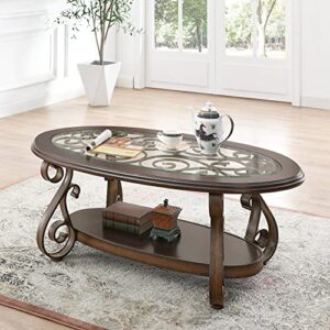 aperturee 2-tier brown vintage wooden cocktail table coffee table with glass table top metal legs end table sofa side table for living room bedroom office (brown-1)