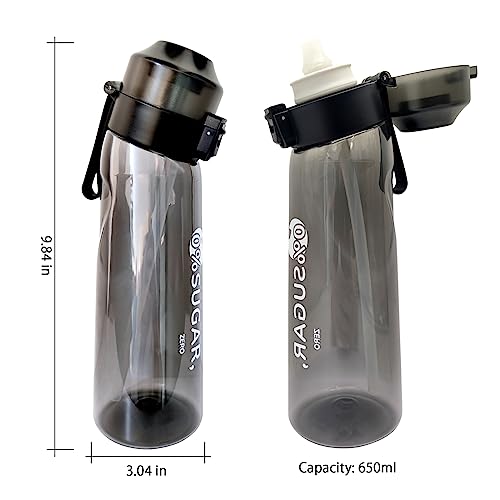 Napolju Air Up Water Bottle,650ML Scent Water Bottle with Orange Air Up Flavour Pod,Leak Proof Sports Water Cup with Straw,Fruit Fragrance Water Bottle Suitable for Outdoor Sports (Black+6 Pods)