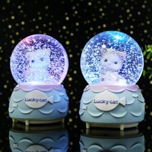 yuehuam cute cartoon cat globe ball music box with led light color changing snow globes with resin base novelty ornament gift for christmas birthday valentines day women mom daughter, 1pc